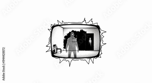 Figure in protective suit appears on a glitching television screen