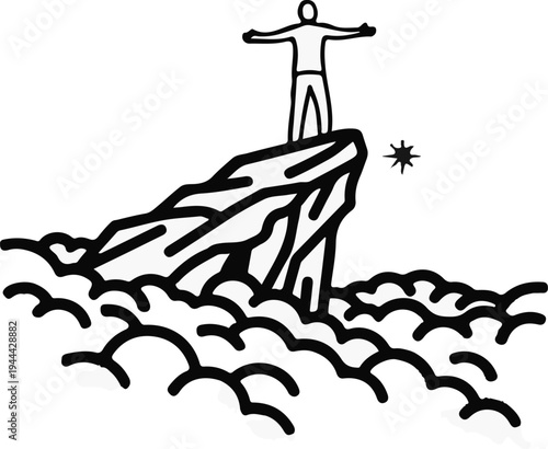 Figure on a cliff overlooking clouds with a star in the distance