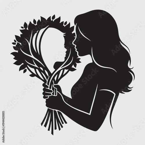 Mother holding floral wreath with child silhouette loving embrace black art vector