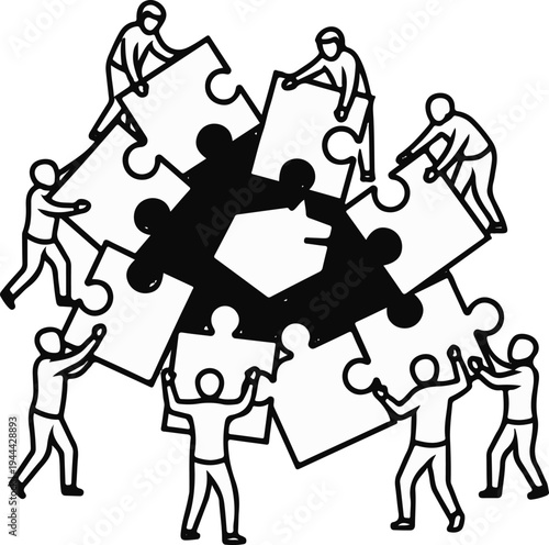 Figures assemble a complex jigsaw puzzle, representing teamwork and cooperation