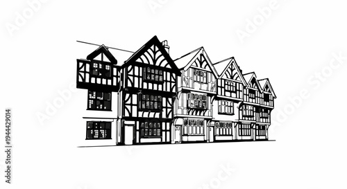Historic timber-framed Tudor style row of buildings with gables