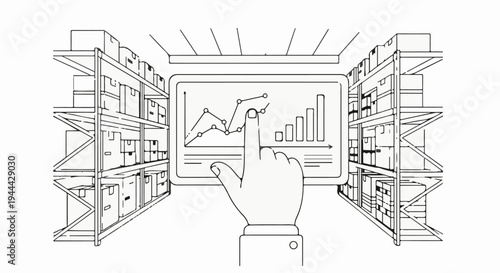 Finger interacting with a digital display showing warehouse inventory and analytics