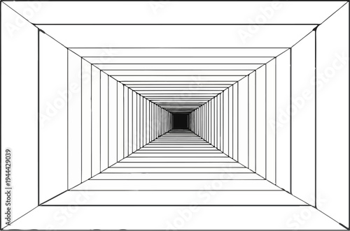 Endless perspective tunnel with geometric lines receding into darkness