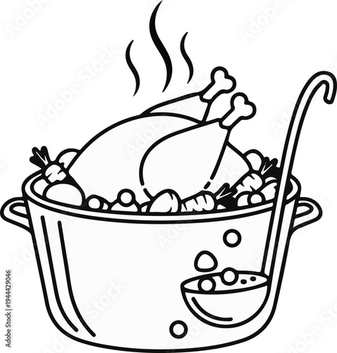 Hot chicken dinner with carrots and potatoes in a pot with ladle