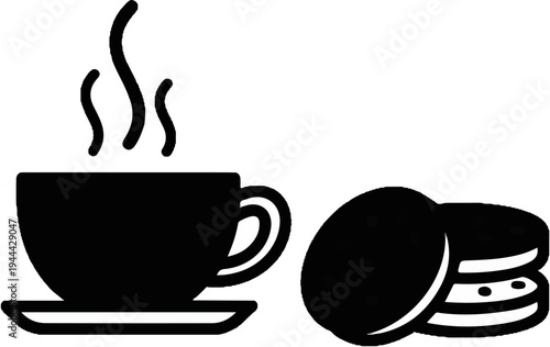 Hot beverage in a cup with steam rising, next to stacked cookies