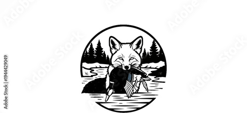Fox holding a duck in a forest pond scene, depicted in a circular emblem
