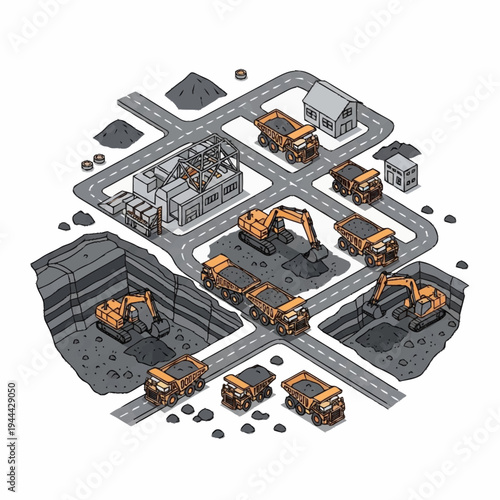 Isometric mining operation with heavy machinery and infrastructure.