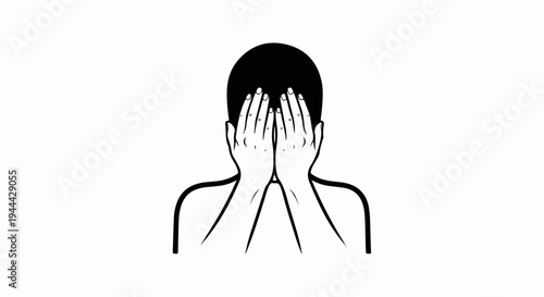 Figure covers face with hands, person hiding, shame, embarrassment