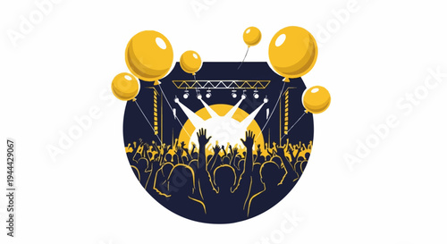 Energetic crowd enjoying a concert with balloons against a bright stage