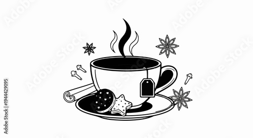 Hot tea in a cup with cookies, cinnamon, cloves, and star anise