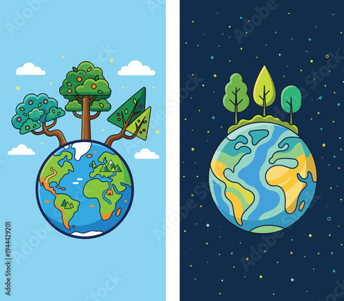 Global Ecology Concept Set: Earth Planet with Lush Trees in Day and Night Sky Vector Illustration