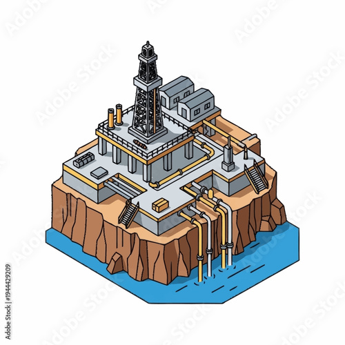 Isometric offshore oil rig platform for energy extraction.