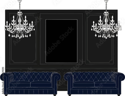 Elegant dark room with two tufted sofas and chandeliers