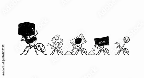 Five ants carrying different sugar forms, from cubes to candy