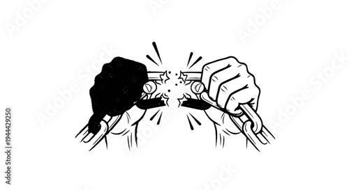 Hands breaking a heavy chain with force and sparks flying