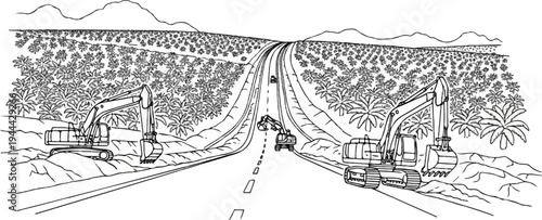 Excavators on a road construction project, with a tropical plantation backdrop