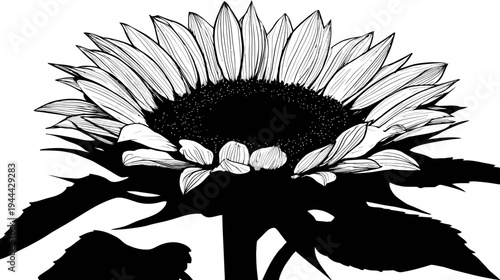 A detailed black and white illustration of a sunflower with outlined petals and dark stem