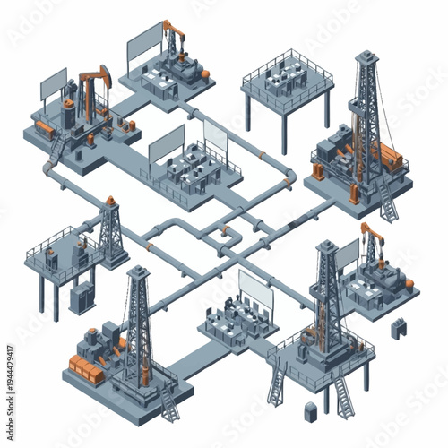 Isometric Oil and Gas Industry Infrastructure with Drilling Rigs and Pipelines.