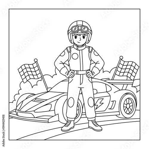 Racing confident driver standing before formula speed car with checkered flags
