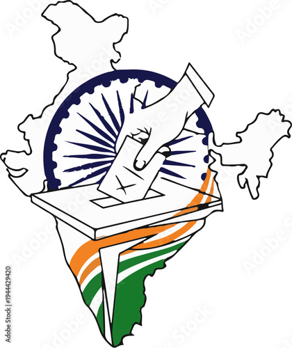 Hand casting vote for India, represented by its map, Ashoka Chakra, and flag