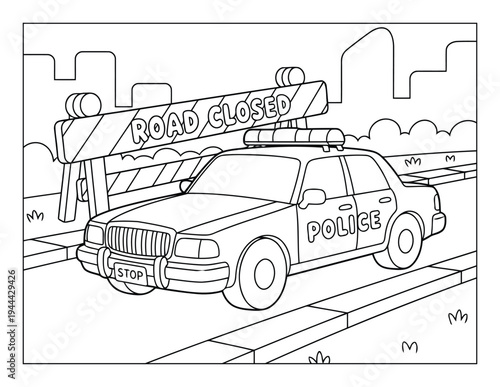 Police patrol car blocking street with road closed barricade in city line art scene