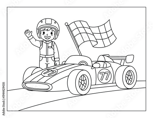 Racing smiling driver waving beside fast formula car with checkered flag line art