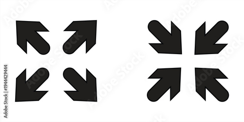 Icons for zooming in and out of the screen in a circle. Arrow symbols for full screen and zoom out. Vector illustration