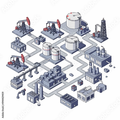 Isometric oil and gas industry infrastructure with interconnected facilities.