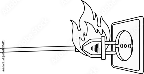 Electrical plug burning in a socket, depicting danger