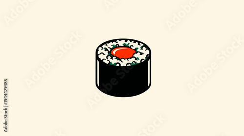 A single, stylized sushi roll against a neutral background. The food is black, white, green and red