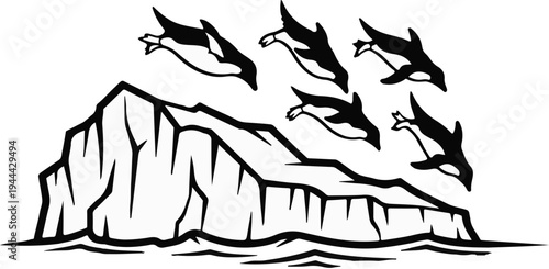 Five orcas leap over an icy landscape, dynamic motion captured