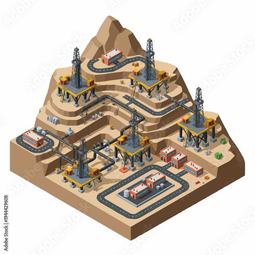 Isometric oil extraction and refinery complex on terraced mountain.