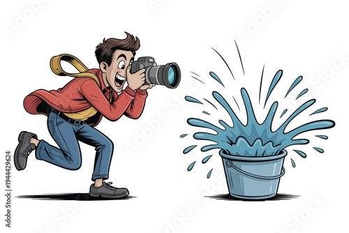 Funny photographer taking picture of water splashing out of bucket cartoon character illustration isolated on transparent background vector