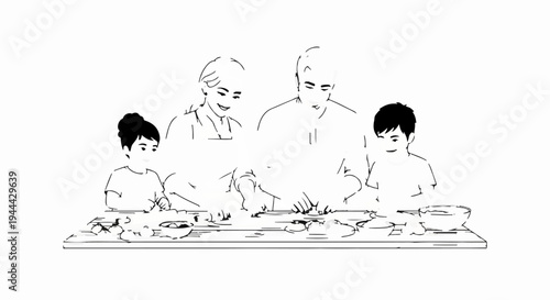 Family of four preparing food together on a table