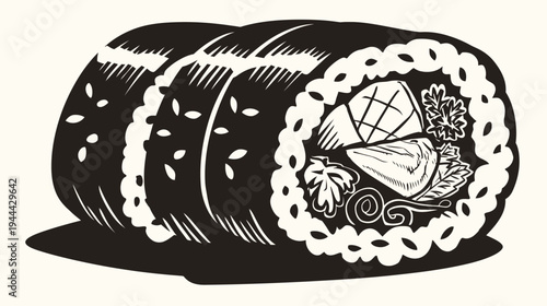 Stylized black and white illustration of several sushi rolls, one showing cross-section