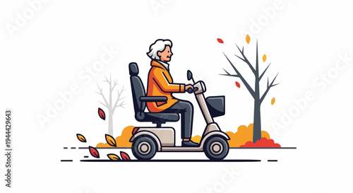Elderly person riding a mobility scooter through autumn leaves