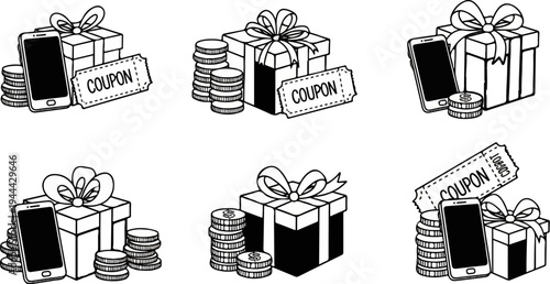 Gifts, coins, mobile phones, and coupons arranged in various compositions