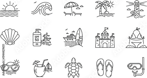 Summer beach line icons, tropical vacation symbols, seaside holiday elements, minimal outline vector set, ocean travel collection illustration pack