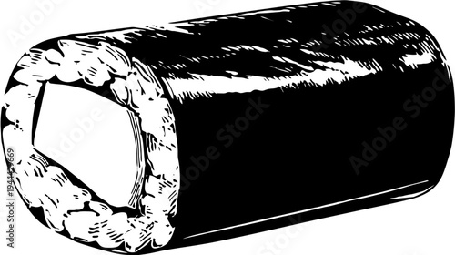 A cylindrical food item, dark seaweed wrapped around a white filling, cut showing rice