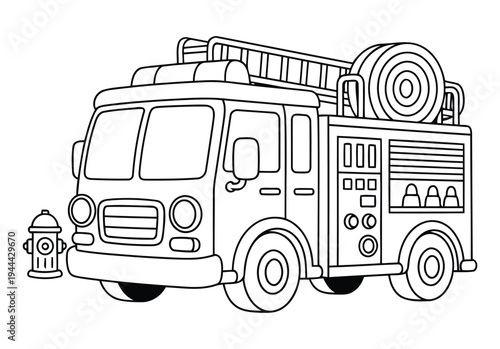 Fire truck emergency vehicle with ladder and hose in outline coloring page style