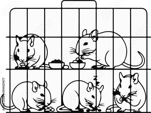 Five rodents in a wire cage are eating from small bowls of food