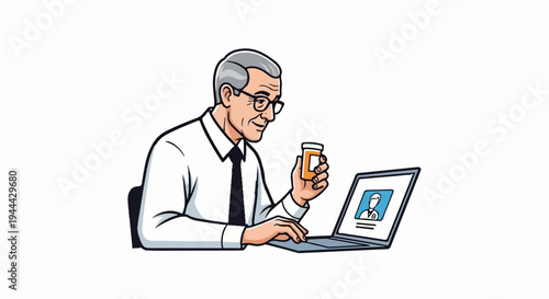 Elderly man with glasses holds medicine bottle while using laptop