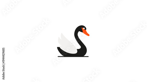 A stylized illustration of a black swan floating on the water, with white wings and a red beak