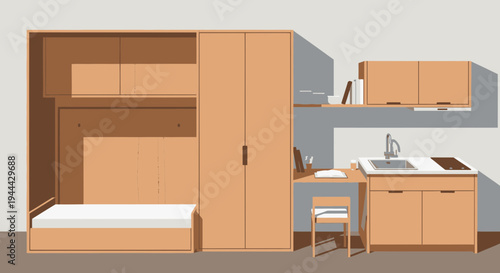 Compact Studio Apartment Interior with Murphy Bed and Kitchenette