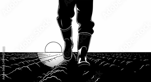 Farmer walks across a tilled field towards a sunrise over the horizon