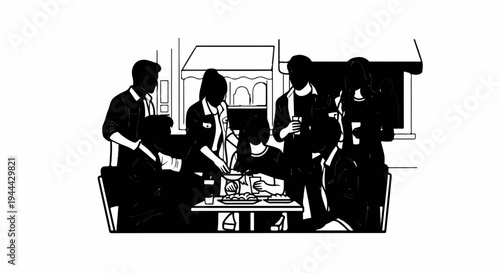 Friends gathering for a meal outdoors, enjoying food and drinks