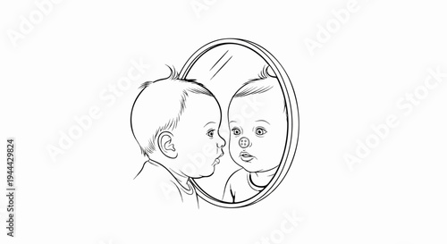 Infant gazes into mirror, sees reflection with buttons on nose