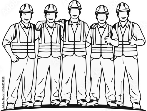 Five smiling construction workers in hard hats and vests pose together