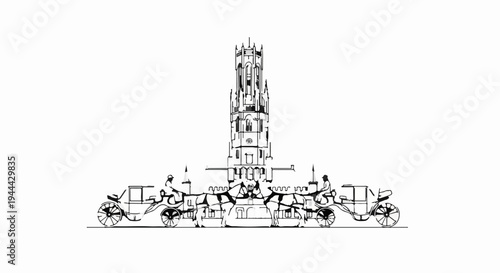Elaborate Gothic tower structure framed by horse-drawn carriages