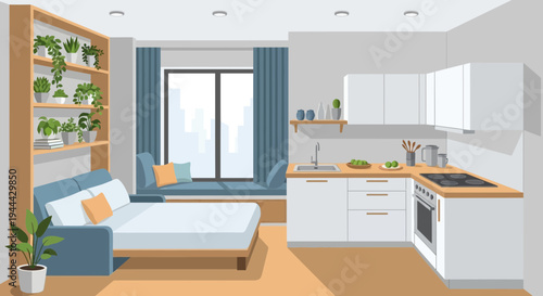 Compact Studio Apartment with Kitchenette and Sofa Bed